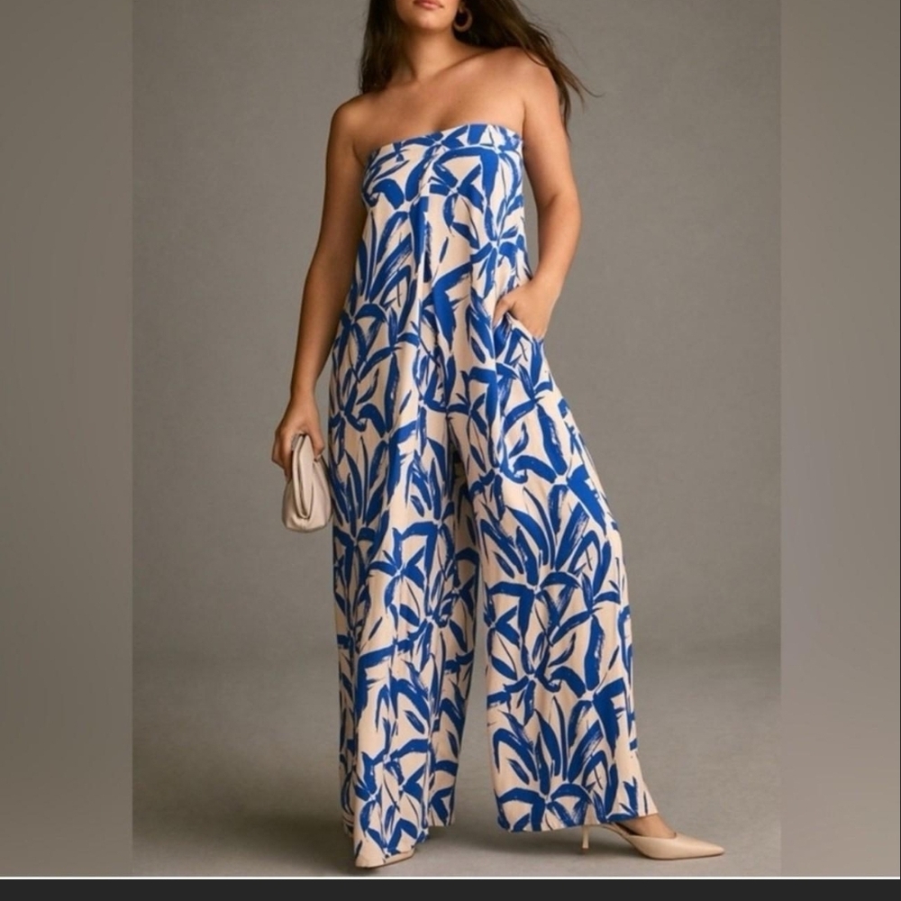 Blue and Cream Strapless Jumpsuit